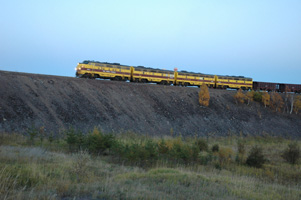 LTV mining train leaving the Taconite Harbor dock after unloading.