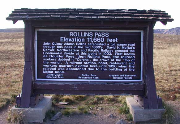 The sign at the Rollins Pass parking area.